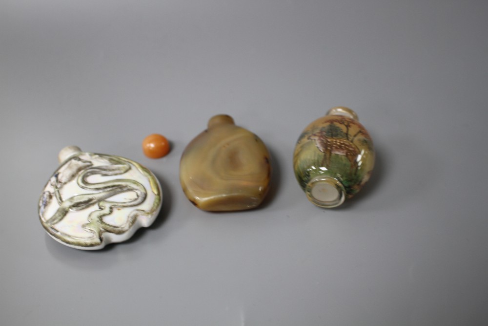 Two Chinese snuff bottles: agate and internally painted glass and a European porcelain scent flask